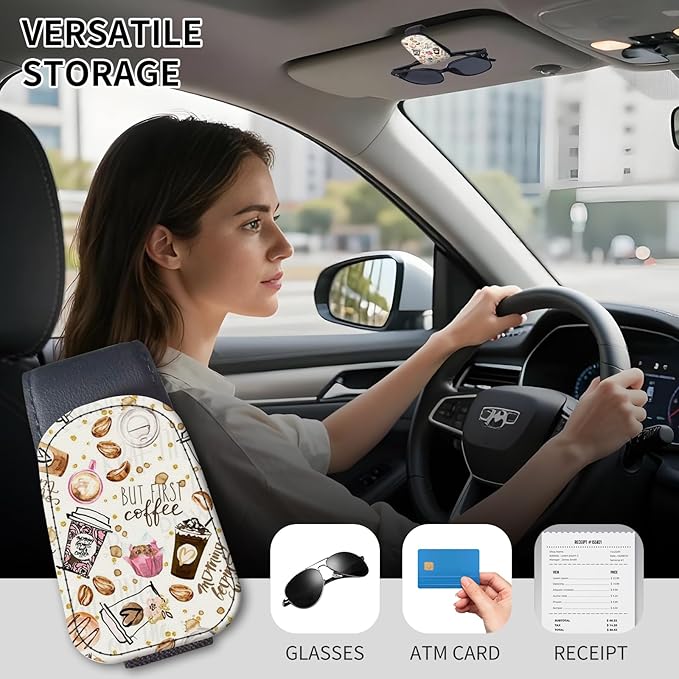 Sunglasses Holder for Car Visor, PU Leather Glasses Clip Organizer, Cute Magnetic Eyeglass Holder for Vehicle Sun Visor, Car Interior Accessory for Women & Men Coffee Bean Pattern