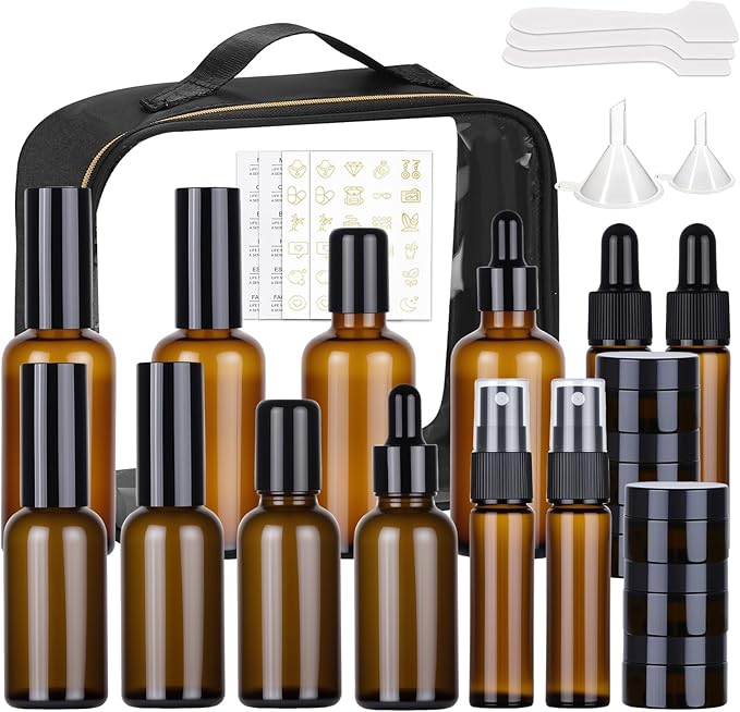 29 Pack TSA Approved Glass Travel Skincare Containers,Toiletry Bag，1.7/1/0.7/0.5/0.3oz Refillable Traveling Size Containers with Pump, Jars & Essential Oil Bottle , Leak-Proof for Creams & Liquids