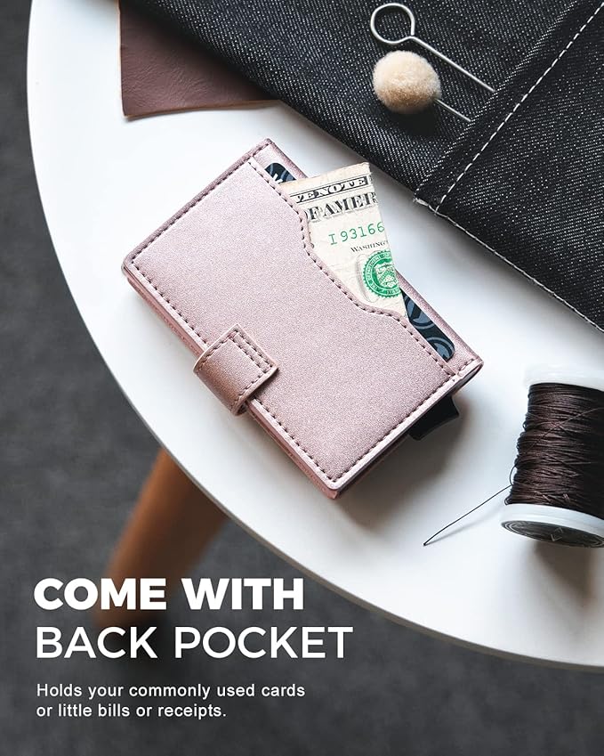VULKIT Slim Bifold Pop up Wallet Minimalist Leather Card Holder RFID Blocking Metal Card Case with ID Window for Women | with Leather Slots, RFID Blocking, Slim, Metal Card Case