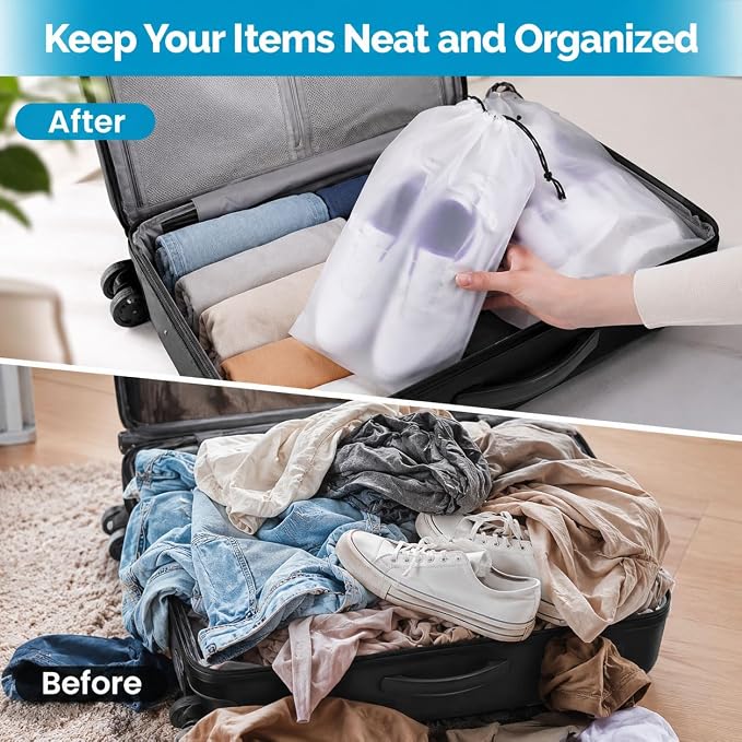 6 Pack Transparent Shoe Bags for Travel, Large Clear Drawstring Shoe Organizer Bags for Men & Women, PE Waterproof Dustproof Portable Shoe Storage Pouch for Luggage, Backpack, Gym