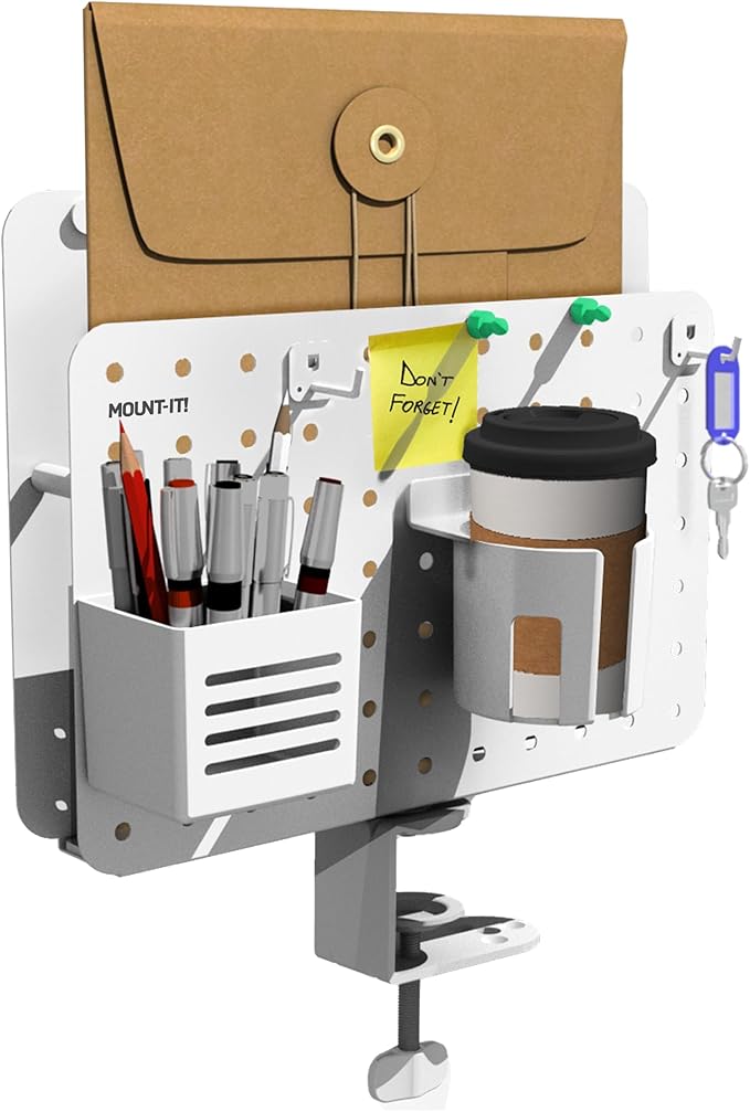 Mount-It! Desk Mounted Pegboard Organizer with 360° Rotation | Includes Cup Holder, Pen Holder, Hooks & Magnets | Clamp-on Desk Storage for Home Office, Workshop, Crafting Station (White)