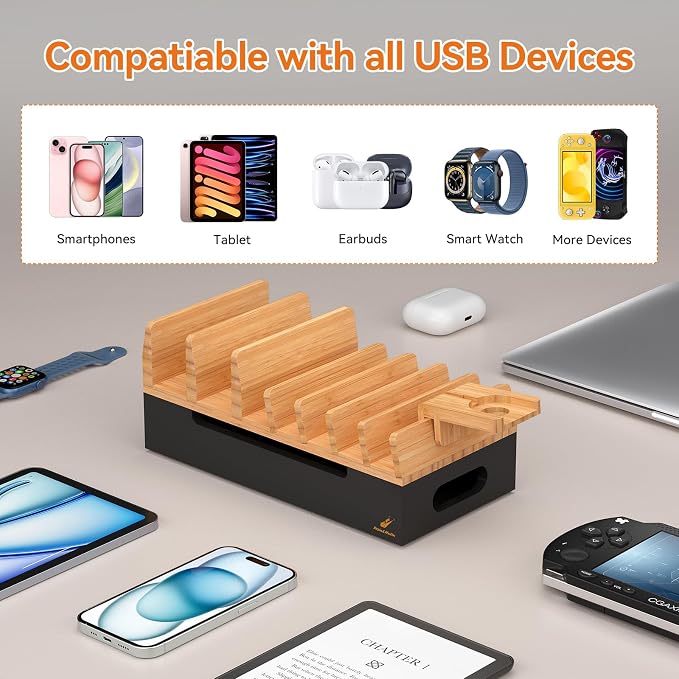 Bamboo Charging Station with Watch Stand, Docking Holder for Multi Device with 5 Charge Cables, Desktop Dock Stations Electronic Organizer for Cellphone, Tablet, Watch(No USB Charger)-Natural + Black