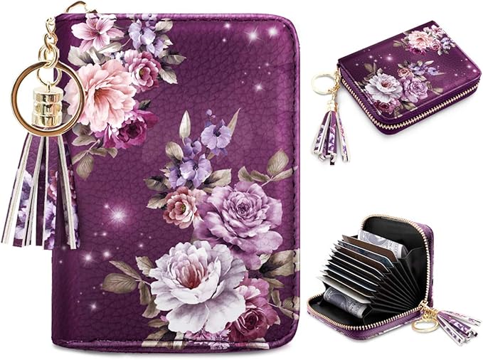 Coco Rossi Women's Small Credit Card Wallet RFID Cute Flower Card Holder for Women, Purple Flower