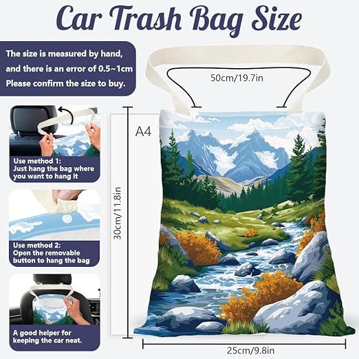 Mountain Forest River View Car Trash Bag Portable Hanging Garbage Bag with Snap Buttons Back Seat Rubbish Storage Dustbin for Women Man Car Interior Accessories Kitchen Home Travel