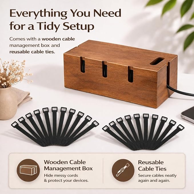 Cable Management Box for Desk & TV, Wooden Cord Hider Box for Power Strips, Chargers & Cords, Decorative Cable Organizer with 20 Reusable Cable Ties, Brown