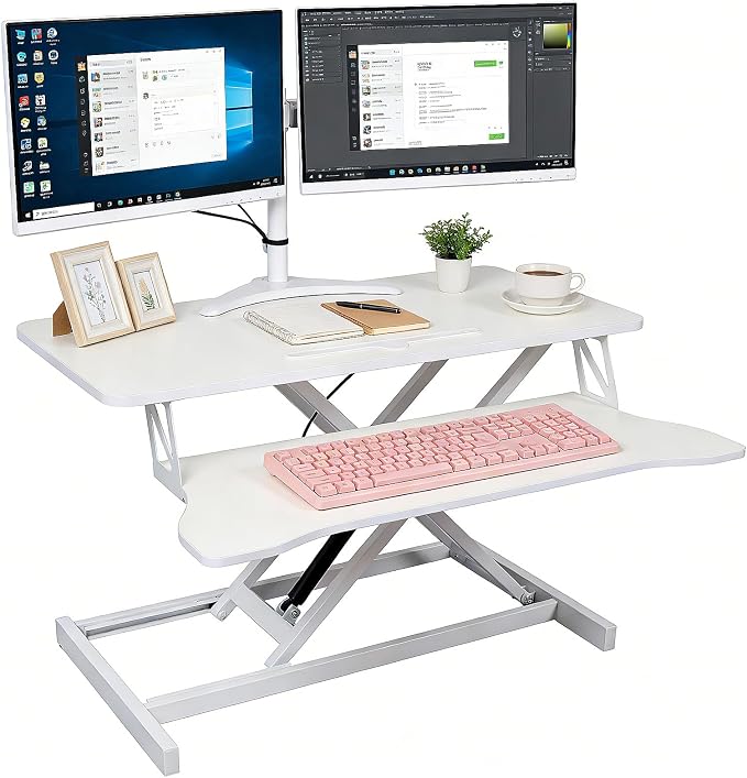 Standing Desk Converter, Height Adjustable Sit to Stand Riser, Dual Monitor and Laptop Workstation with Wide Keyboard Tray, Desk Lifter for Home Office