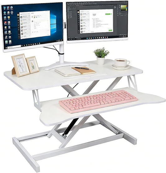 Standing Desk Converter, Height Adjustable Sit to Stand Riser, Dual Monitor and Laptop Workstation with Wide Keyboard Tray, Desk Lifter for Home Office