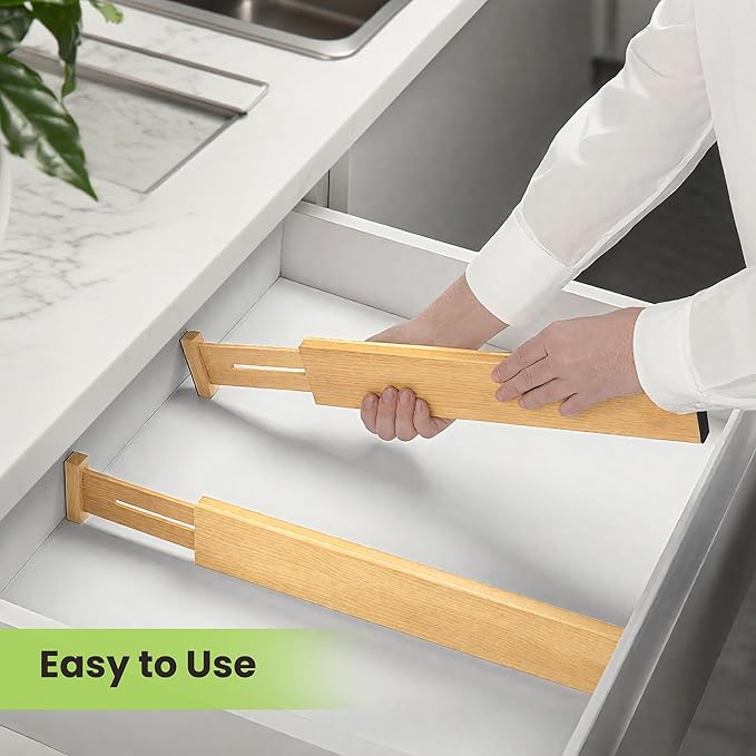 Drawer Divider, Adjustable Bamboo Kitchen Drawer Organizer, Spring Loaded Drawer Organizer, Dresser Separators for Kitchen, Bathroom, Clothes, Office Desk Storage (Natural, 8 Pack Large)