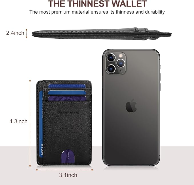 Slim Minimalist Front Pocket Thin Wallet RFID Blocking 100% Genuine Grain Leather Credit Card Holder for Men Women with Gift Box - Grain Leather Black