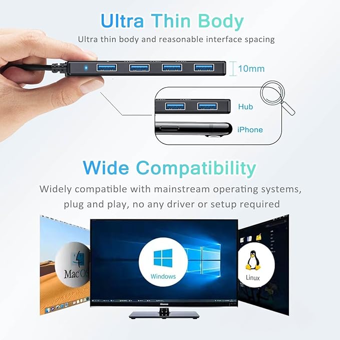 USB 3.0 Hub, VIENON USB Hub with 4 USB 3.0 Female Ports, USB Splitter USB Extender for PC, Laptop, Xbox, PS4/5, Flash Drive, HDD, Console, Printer, Camera,Keyborad, Mouse-2ft