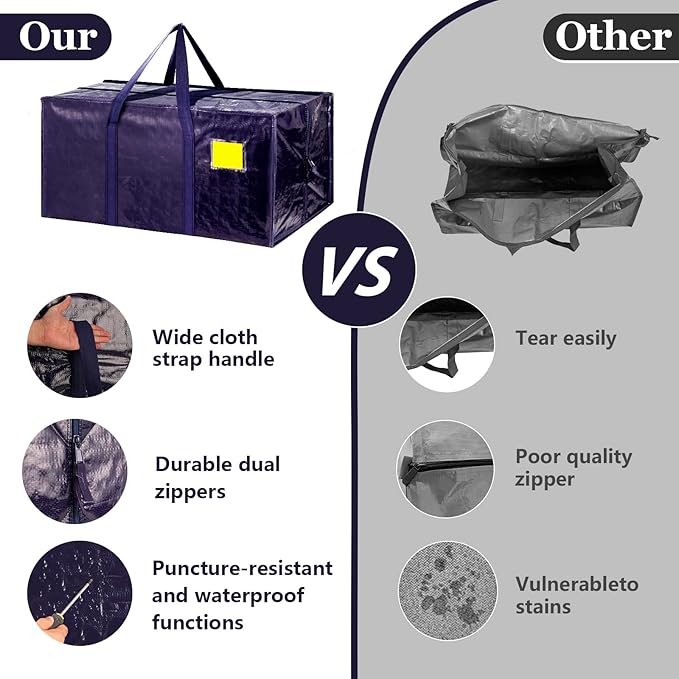 12 Pack Moving Bags with Full-Open Side Zipper, Extra Large 93L Heavy Duty Waterproof Foldable Storage Totes for College Dorm, Moving & Home OrganizationDarkBlue