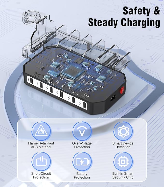 Charging Station for Multiple Devices: 6 Port USB Charger Stations - Family Multi-Device Organizer Charging Dock - Safer Designed for iPhone iPad Android Cell Phone Tablet(6 Cables Included)