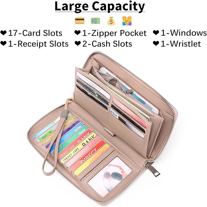 GOIACII Womens Wallet RFID Blocking Leather Zip Around Wallet Large Capacity Long Purse Credit Card Clutch Wristlet | RFID Blocking, Zip Around, Large Capacity, Long, Credit Card, Clutch