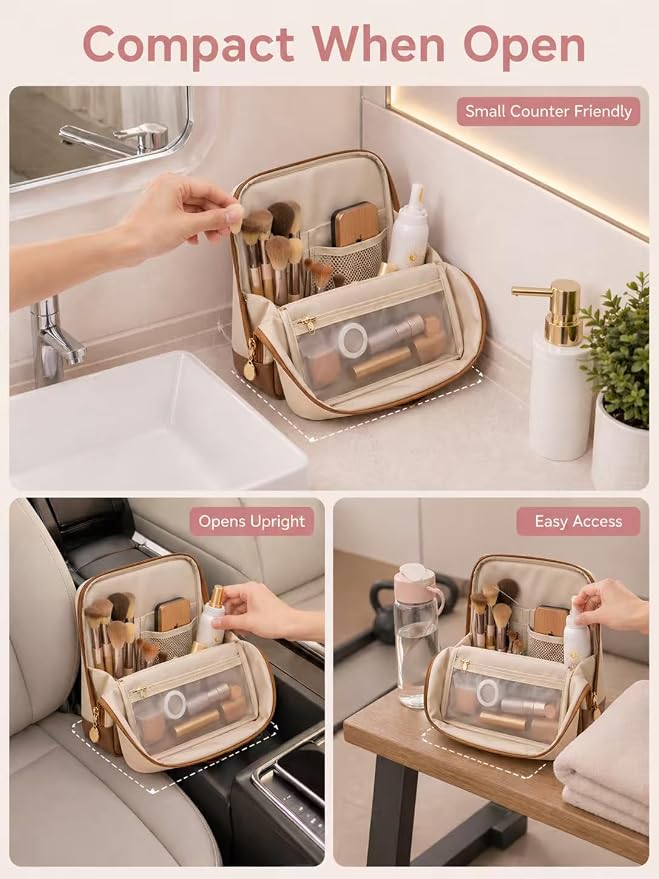 Large Travel Makeup Bag for Women, Large Makeup Bag Organizer with Brush Compartment, Upright Cosmetic Bag and Toiletry Bag, Wipe-Clean PU Makeup Pouch, Brown