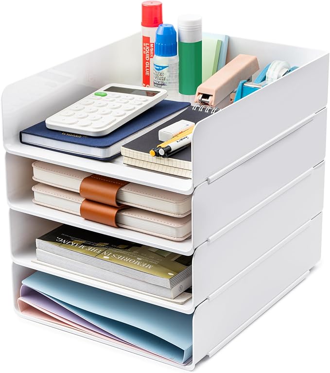 Tiawudi Desk Organizer, Office Organization and Storage, Plastic Letter Tray, Stackable File Organizer for Classroom, Home, Documents, Notes, Folders, Books and Pens, 4 Tier