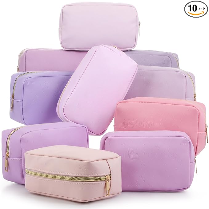Sweetude 10 Pcs Makeup Bag Bulk for Women Preppy Gift PU Leather Cosmetic Bag Small Skincare Toiletry Pouch Mother Travel Cosmetic Pouch for Bridesmaid Bride Wedding Gift Favors (Purple)