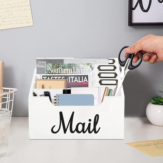 Rustic Wood Mail Organizer Countertop with 4 Slots, Black Mail Holder for Desk, Removable Dividers Mail Sorter, Letter Bill File Organizer for Home Office Classroom, Desktop Organizer with Free Labels