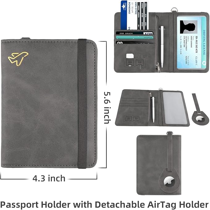 WALNEW AirTag Passport Holder, PU Leather Airtag Wallet RFID Blocking Passport Cover Travel Essentials Case for Women Men (Gray)