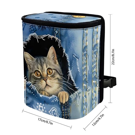 Biyejit Denim Cat Print Car Rubbish Storage Reusable Car Trash Can for Car SUVs Vans, Car Trash Bag Bin Hanging Automotive Car Garbage Cans Leak Proof Vehicle Trash Can