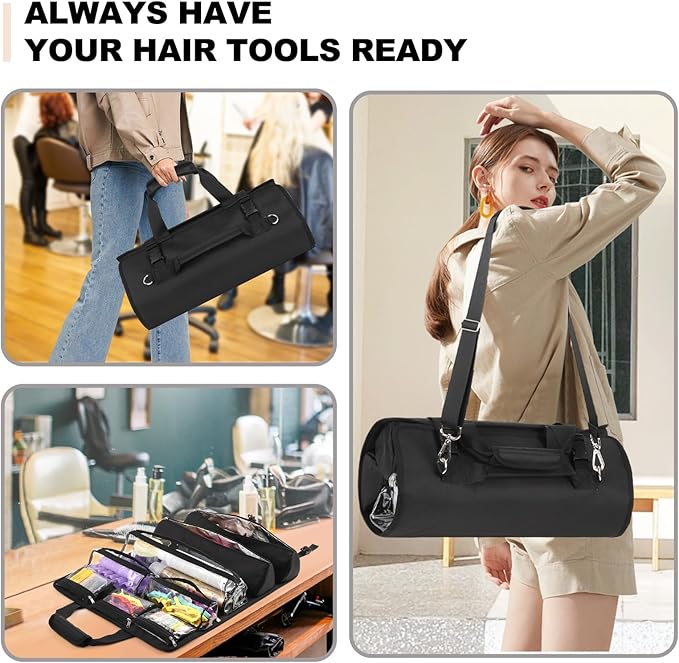 Hair Tools Travel Bag, Roll Up Tool Bag Organizer for Hair Stuff, Hairstylist Traveling Bag with 8 Detachable Zipper Pouch, Professional Cosmetology Bag for Hairdresser Barber, Heat Resistant Lining