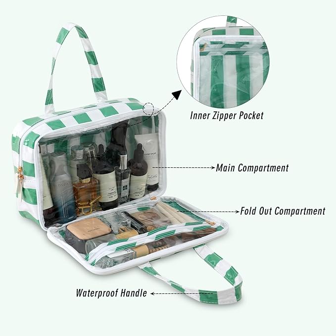 Travel Toiletry Bag for Women, Waterproof Clear Coated Portable Stripe Makeup Cosmetic Bag with Compartment, Travel Organizer for Shampoo, Conditioner, Brushes Set,Cosmetic Accessories(White-Green)