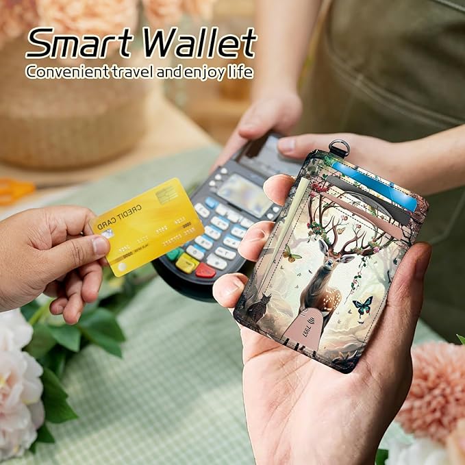 Small Travel Wallets, Decorative Deer Butterfly Slim Minimalist Front Pocket Wallet with Wristlet, RFID Blocking PU Leather Credit Card Holder with ID Window Change Purse for Men Women