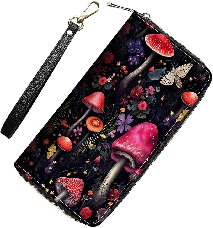 Womens Wallet,RFID Blocking Large Capacity Clutch,Zip Around Leather Purse with 8 Card Slots,Bill Compartments Coin Pocket - Flower Mushroom