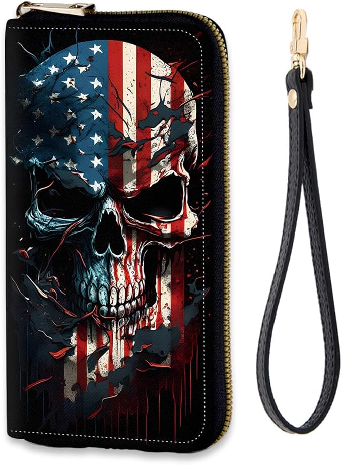 Women's RFID Blocking Zip Around Wallet with Detachable Wrist Strap, Large Capacity Credit Card Holder Organizer for Everyday Use,Skull American Flag