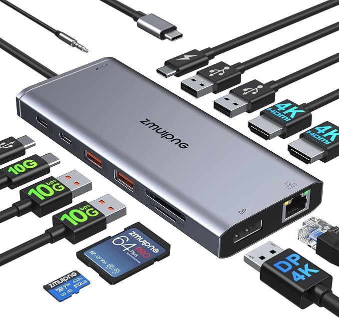 USB C Laptop Docking Station Dual Monitor HDMI for Dell/HP Laptop 14 in 1 USB C Hub 3 Monitors Dock Multiport Adapter Dongle USB C to 2 HDMI 4K+DisplayPort+Ethernet+4USB+2USB C+PD+SD/TF+Audio