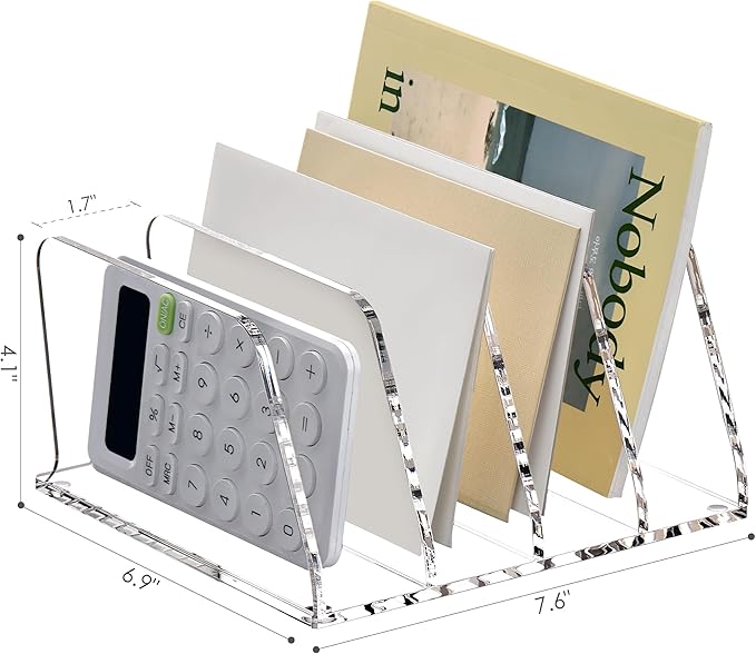 SANRUI Acrylic Mail Sorter Desktop Organizer, 4 Compartments Clear Small File Script Letter Document Storage for Desk Bill Filling Envelope Holder Office, Home, School Organization