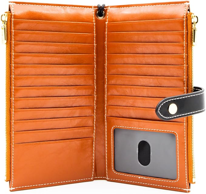 ANDOILT Women's Genuine Leather Wallet RFID Blocking Credit Card Holder Zipper Purse Cell Phone Handbag