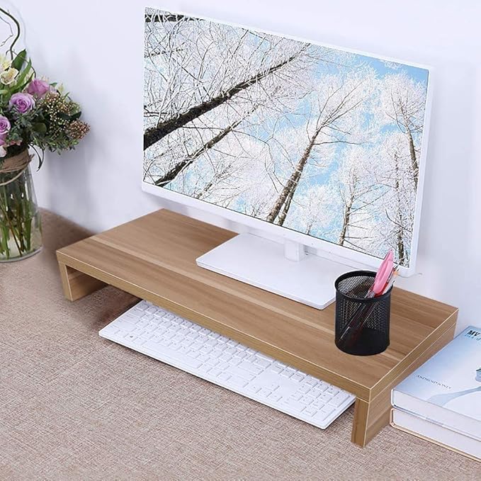 Monitor Riser 1 Layer Multi-Function Wooden Monitor Stand Tv Computer High Bracket Desktop Base Heightening Rack (Wooden Color)