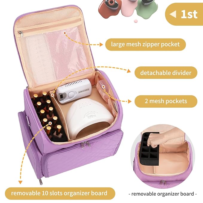CUBETASTIC Extra Large Nail Polish Organizer Case Holds 86 to 100+ Bottles Nail Polish & Nail Lamp, Nail Supplies Storage Carrying Bag with 2 Removable Pouches (Purple, 86 Slots)