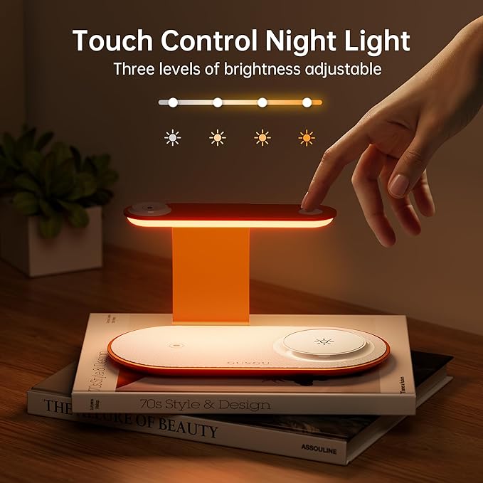 GUSGU 3 in 1 Charging Station for MagSafe Wireless Charger with Three-Level Night Light, 15W Max Fast Charging for iPhone Series/Samsung Galaxy Series, Apple/Samsung Watch Series, AirPods-Orange