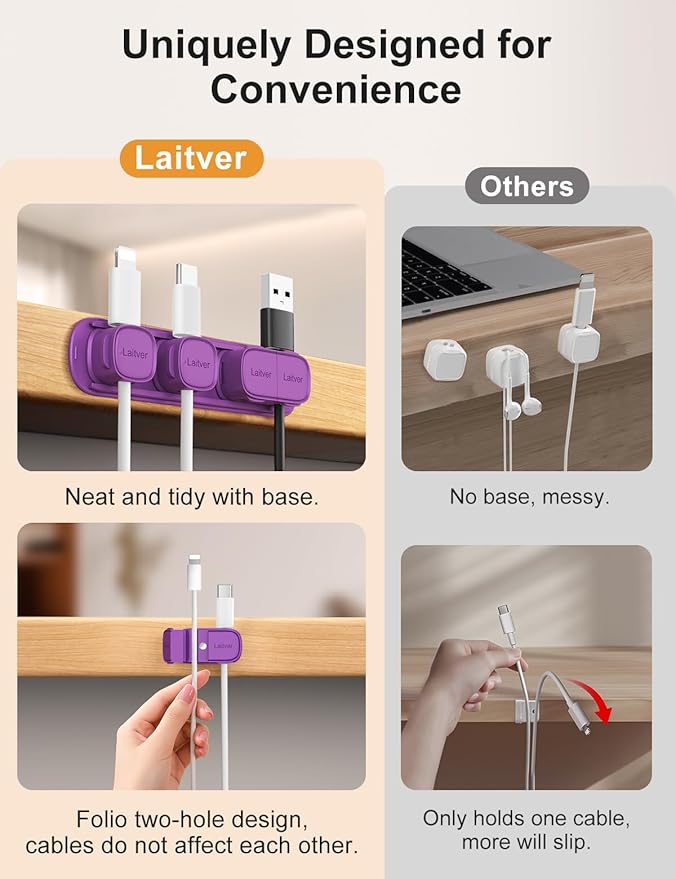6 Pack Magnetic Cable Clips [1s Open/Lock], Laitver Cord Organizer Holder Strong Adhesive Desk Cable Management- Organize Charging Cords Neatly for Home, Office, Car,Desk, Nightstand-Deep Purple