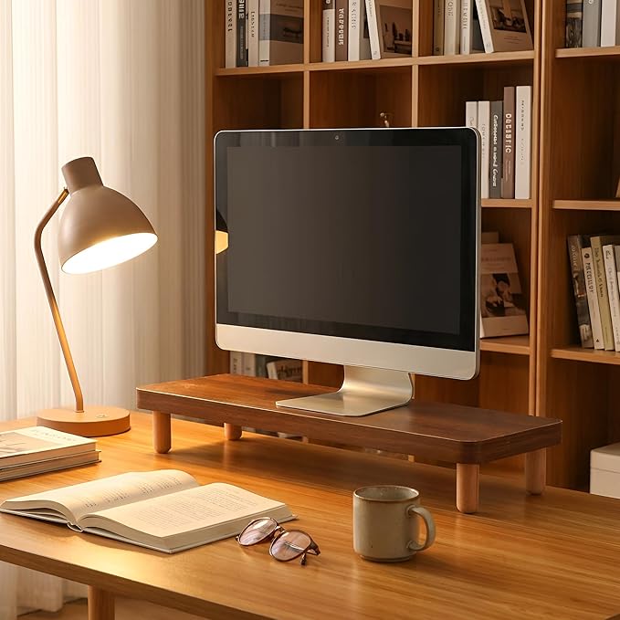 3CM Thick Wooden Monitor Riser Stand - 8CM Beech Wood Legs, Sturdy Ergonomic Desktop Organizer for Office & Home, Reduces Neck & Back Strain