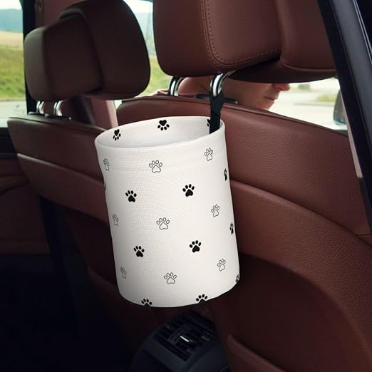 Small Car Trash Can, Beige Dog Paw Design Hanging Foldable Car Trash Bag, Waterproof Leakproof Garbage Bin, Car Interior Organizer Accessories