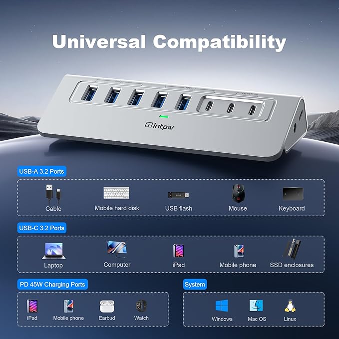 Powered USB Hub 10Gbps, intpw YH6AC Plus 10 Port USB 3.2 Hub(USB A/USB C 3.2+3 USB-A 3.0+2 PD 45W Fast Charging Ports+SD/TF Card Reader), 65W Power Adapter,Aluminum USB HUB for PC,Laptop,iPhone 17/16