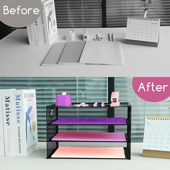 3 Tier Lettrer Tray Organizer, Metal Mesh Desk File Organizer with Sliding Trays, Paper Sorter Desk Organizer for Home Office School, Black