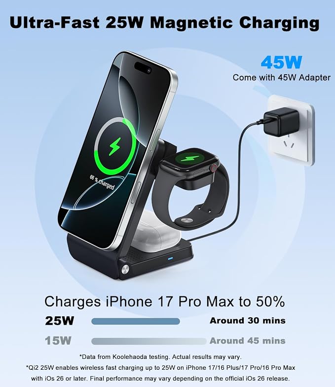 Qi2.2 25W Fast Wireless Charging Station for Apple MagSafe with TEC Cooling, 3 in 1 Foldable Travel Magnetic Charger Stand for iPhone 17-12 Series/ S26 Ultra/Pixel 10/ iWatch/AirPods (45W Adapter)