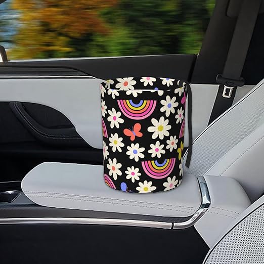 Car Trash Bag Rainbow and Flowers Waterproof Trash Small Car Can Portable Collapsible Car Garbage Can Hanging for Back Seat Floor or Hanging Headrest Car Decor Road Trip Essentials