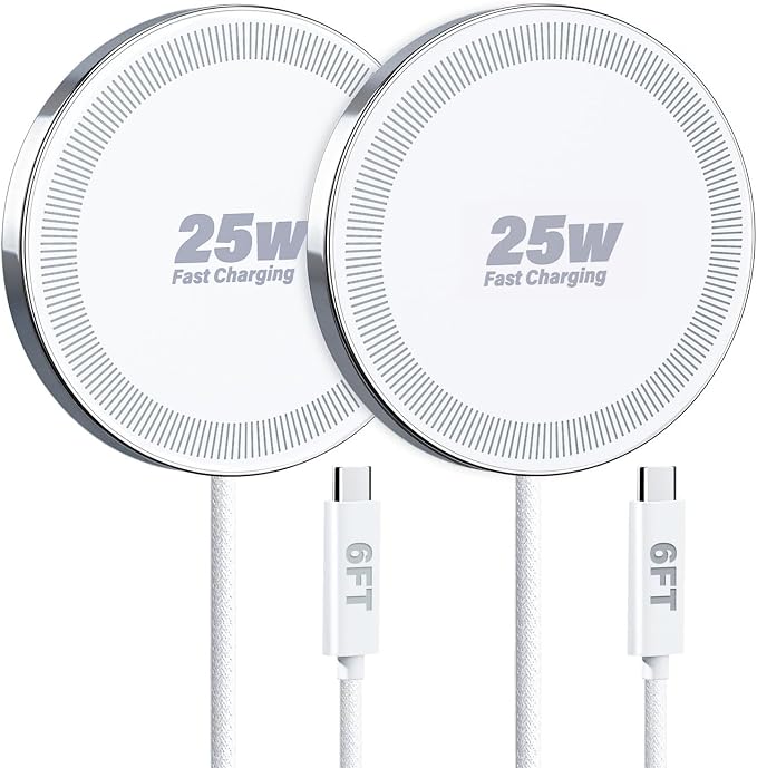 25W Wireless Charger for MagSafe, Magnetic Fast Charging Pad for iPhone 17/16/15/14/13/12 Series&AirPods,Strong Magnet,Portable Wireless Charger for Travel Home Office,Elegant White, 2Pack(6FT)