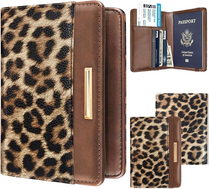Women's Leopard Print Passport Holder Cover with RFID Protection, 4 Card Slots, 1 Cash Holder, 1 Boarding Pass Holder