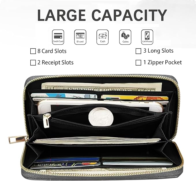 Women's Large Capacity Wallet, Portable PU Leather Zipper Wallet for Smart Phone/Card/Coin/Cash, Multifunctional Clutch Wallet with Removable Wristlet Strap - Flamingo