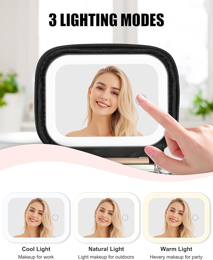 Relavel Initial Makeup Bag with Led Mirror for Women Girls, Mini Personalized Cosmetic Bag with Adjustable Brightness, Rechargeable Make Up Bags Pouch for Birthday Gift - Black R