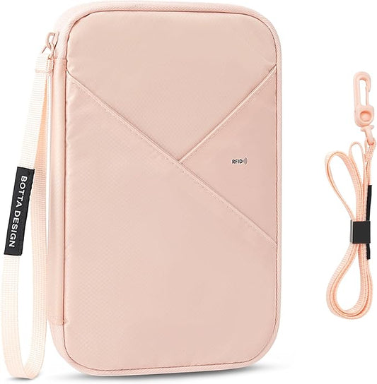 Veki Passport Holder for Travel Women Family, Passport Wallet Bag, RFID Travel Document Organizer, Waterproof Passport Holder for Men, Portable Case for Cards, Cash, Tickets, ID (Pink, L)