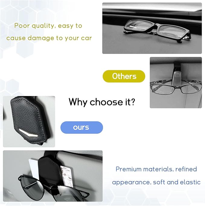 Dickno Sunglasses Holder for Car Sun Visor, Magnetic Leather Glasses Hanger Mounted with Ticket Card Clip, Universal Vehicle Interior Accessories for Different Size Eyeglasses (Black)