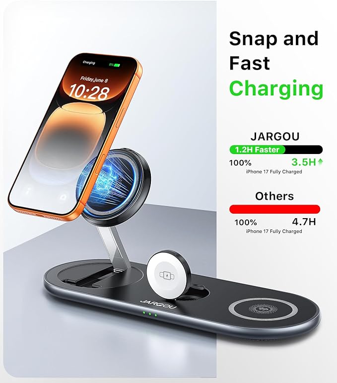 JARGOU Foldable 3 in 1 Wireless Charging Station for Apple with Magsafe Charger Stand, Fast Magnetic Wireless Charger for iPhone 17 Air 16 15 14 13 12, for iWatch, for AirPods (Light Black)