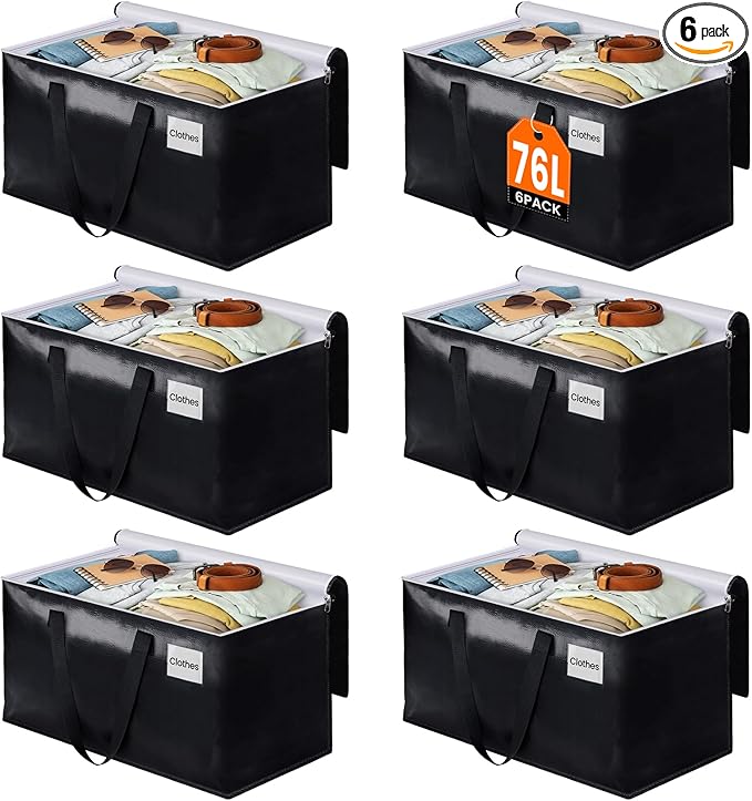 BlissTotes Moving Bags, Heavy Duty Moving Boxes with Zippers Top and Sturdy Handles, Storage Bags for Space Saving and Packing, Collapsible Moving Supplies, Storage Totes (76L, 6-Pack, Black)
