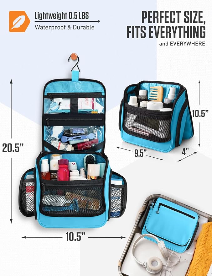 VENTURE 4TH Hanging Travel Toiletry Bag for Women & Men – Large Toiletry Organizer with 18 Compartments, Removable TSA Pouch, Travel Wash Bag for Toiletries, Makeup & Shaving Kit (Light Blue)